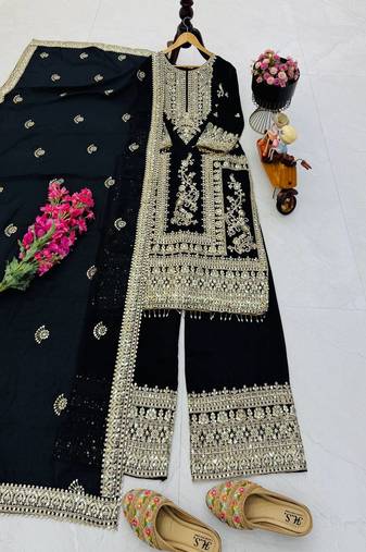 black designer party wear top pant & dupatta set