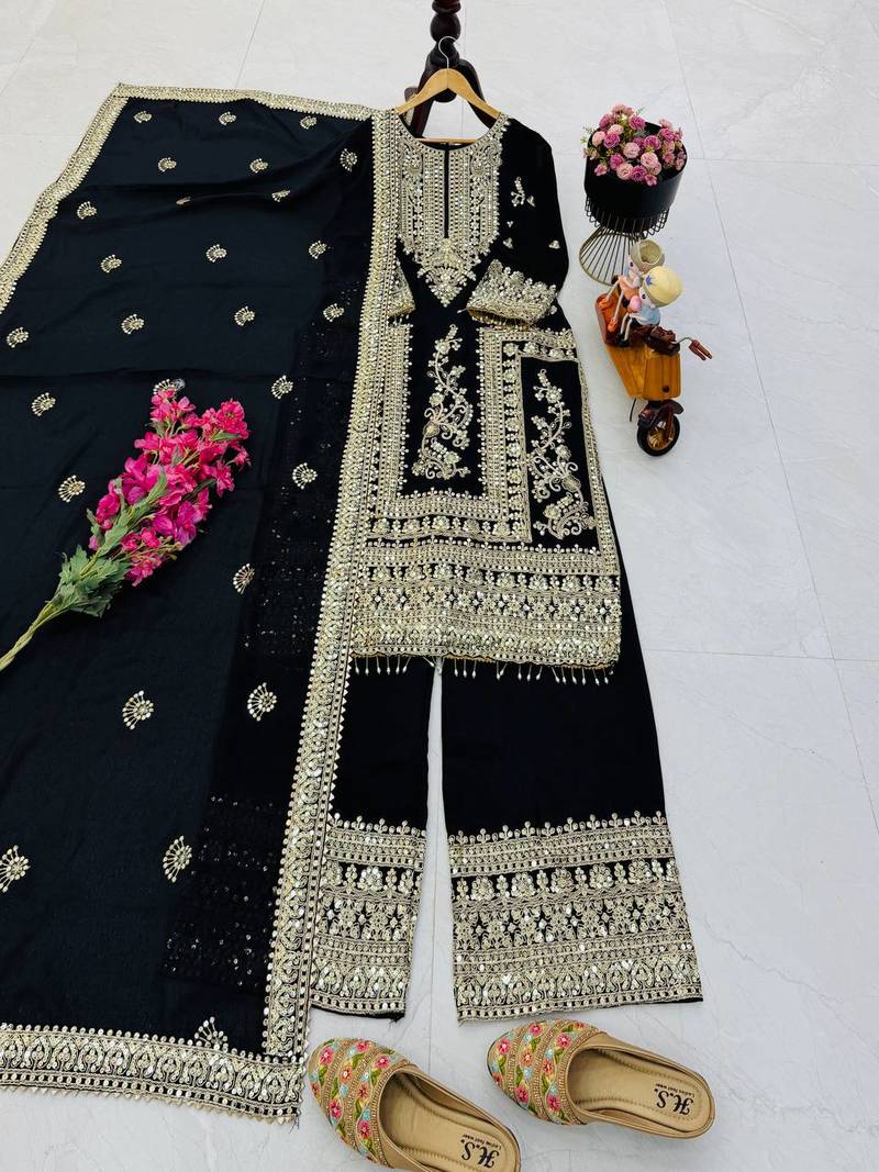 black designer party wear top pant & dupatta set
