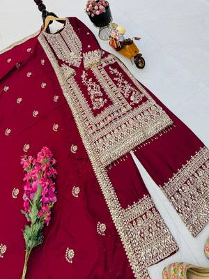 maroon designer party wear top pant & dupatta set 3