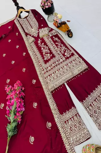 maroon designer party wear top pant & dupatta set
