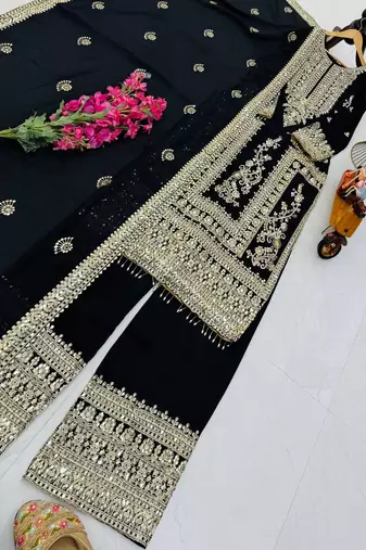 black designer party wear top pant & dupatta set
