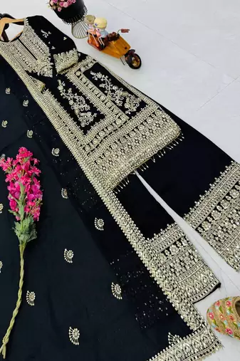 black designer party wear top pant & dupatta set