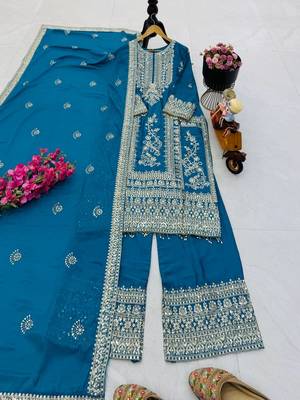 sky blue designer party wear top pant & dupatta set 1