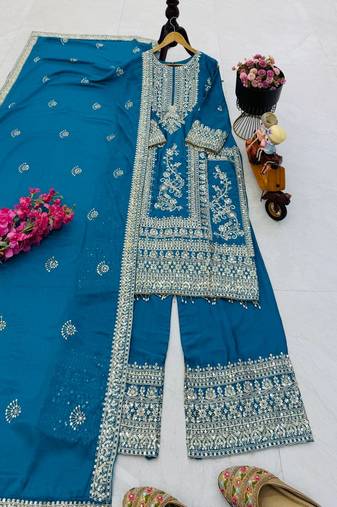 sky blue designer party wear top pant & dupatta set