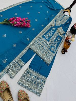 sky blue designer party wear top pant & dupatta set 2