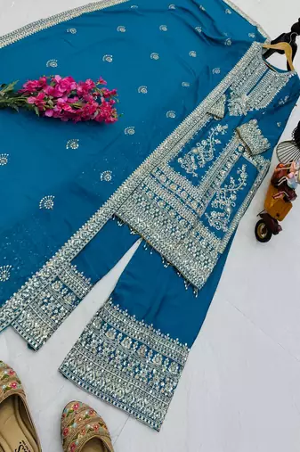 sky blue designer party wear top pant & dupatta set