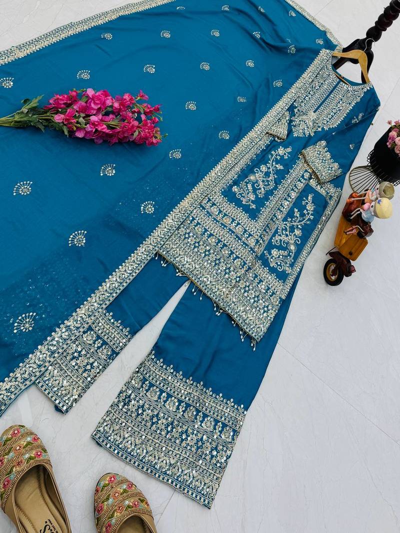 sky blue designer party wear top pant & dupatta set