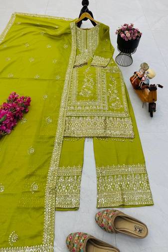 green designer party wear top pant & dupatta set