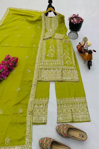 green designer party wear top pant & dupatta set