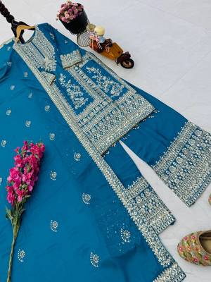 sky blue designer party wear top pant & dupatta set 3