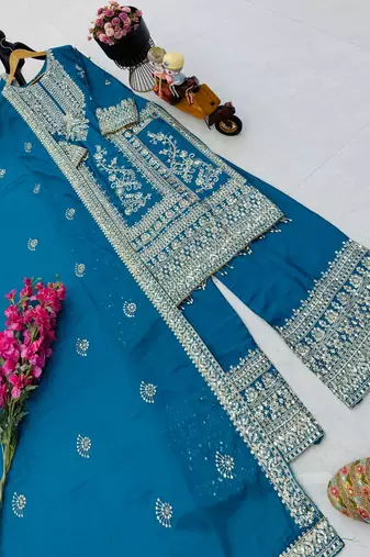 sky blue designer party wear top pant & dupatta set