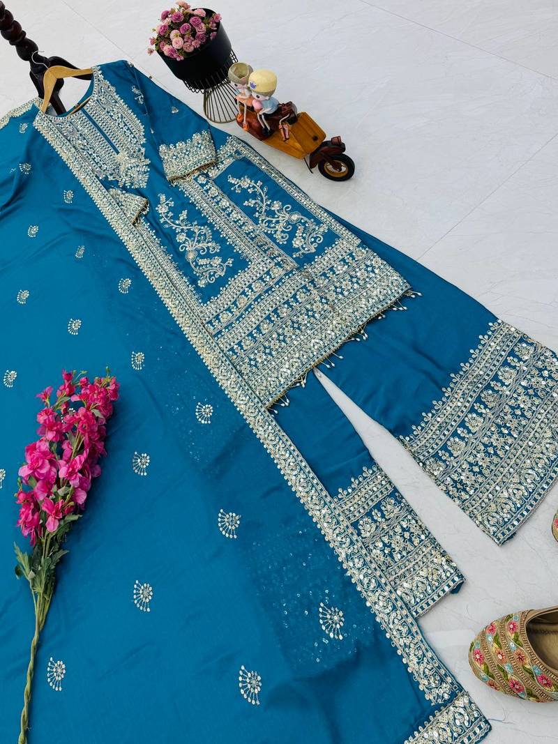 sky blue designer party wear top pant & dupatta set