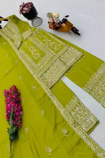 green designer party wear top pant & dupatta set