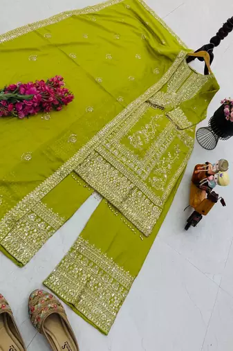 green designer party wear top pant & dupatta set