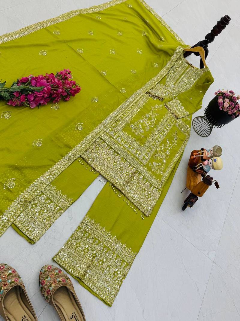 green designer party wear top pant & dupatta set