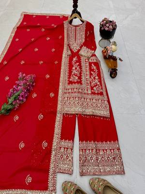 red designer party wear top pant & dupatta set 1