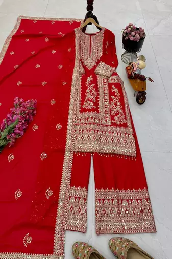 red designer party wear top pant & dupatta set