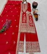 red designer party wear top pant & dupatta set