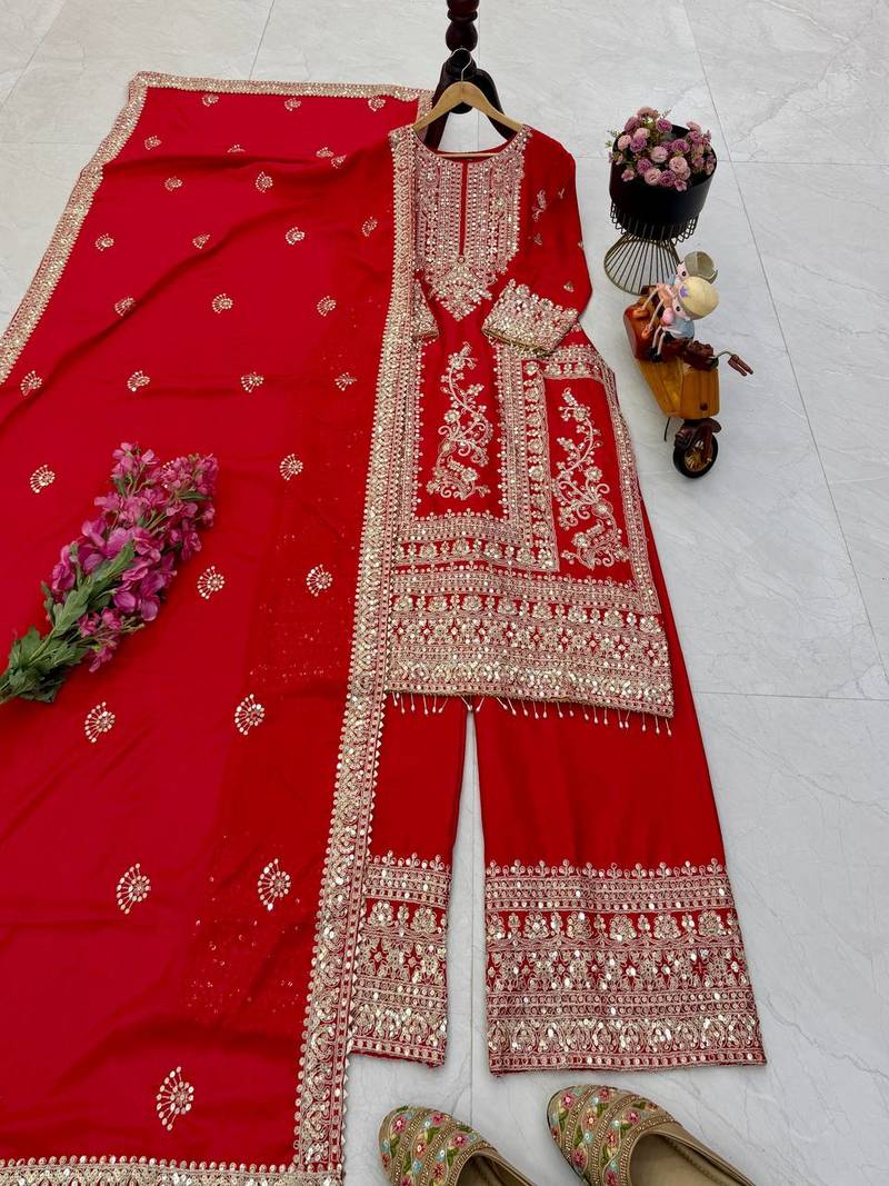 red designer party wear top pant & dupatta set