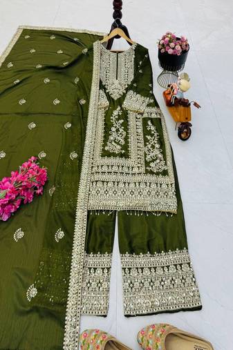 green designer party wear top pant & dupatta set