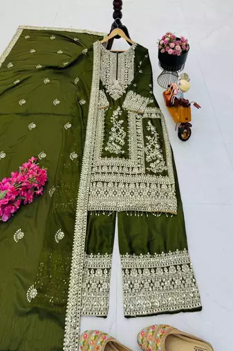 green designer party wear top pant & dupatta set