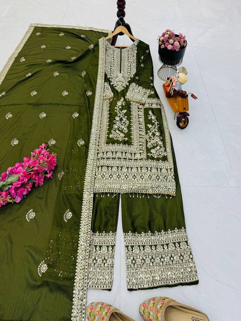 green designer party wear top pant & dupatta set