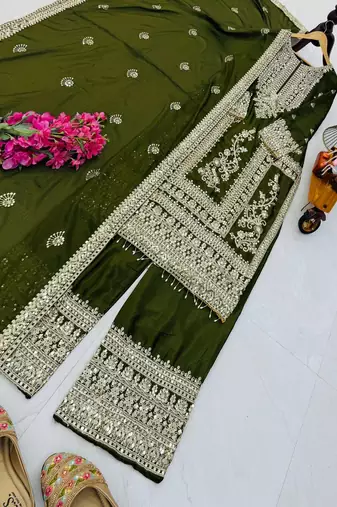 green designer party wear top pant & dupatta set