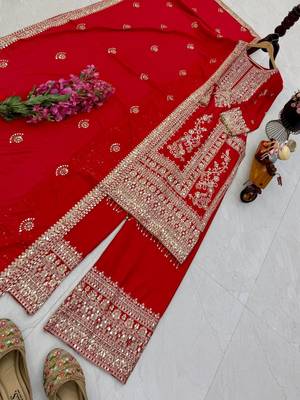 red designer party wear top pant & dupatta set 2