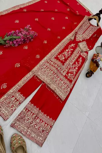 red designer party wear top pant & dupatta set