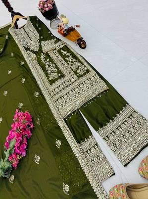 green designer party wear top pant & dupatta set 3