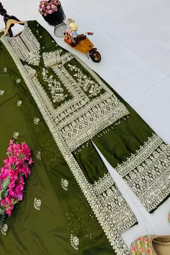 green designer party wear top pant & dupatta set