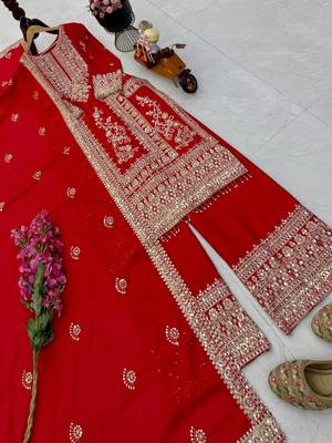 red designer party wear top pant & dupatta set 3