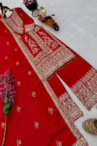 red designer party wear top pant & dupatta set
