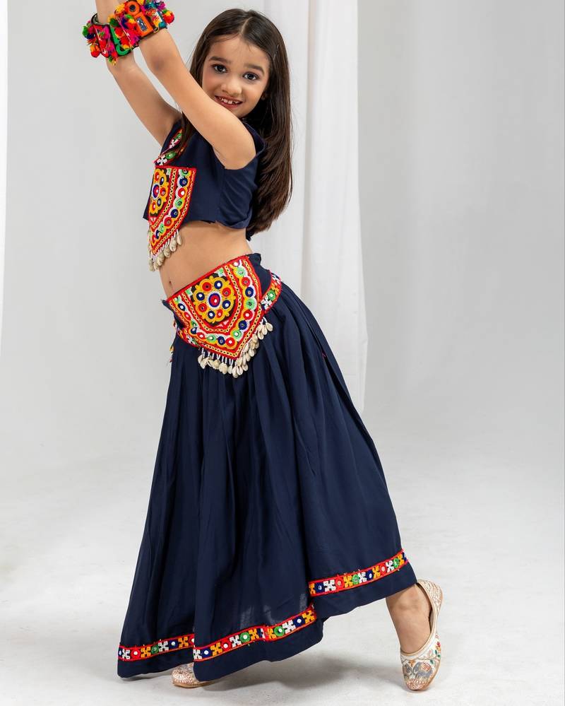 Navy blue navratri girls lehenga choli | rayon cotton kodi katchi work garba wear