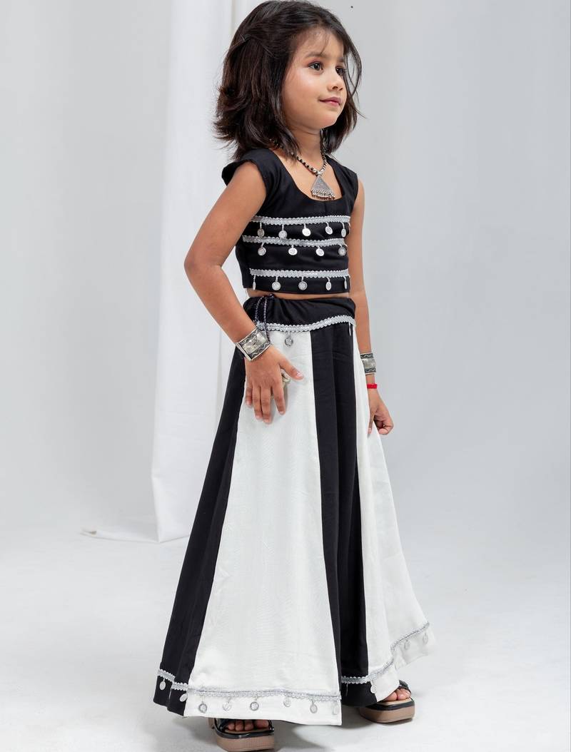 Black white navratri girls lehenga choli | rayon cotton sikka lace garba wear