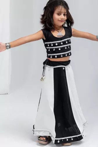 Black white navratri girls lehenga choli | rayon cotton sikka lace garba wear