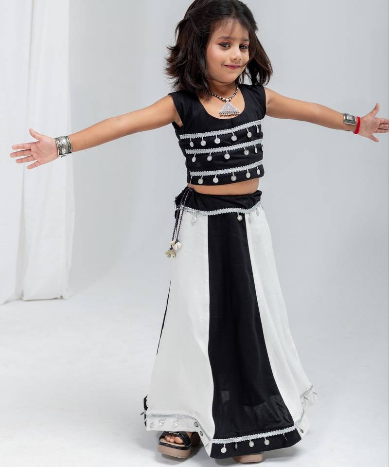 Black white navratri girls lehenga choli | rayon cotton sikka lace garba wear
