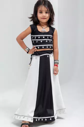 Black white navratri girls lehenga choli | rayon cotton sikka lace garba wear