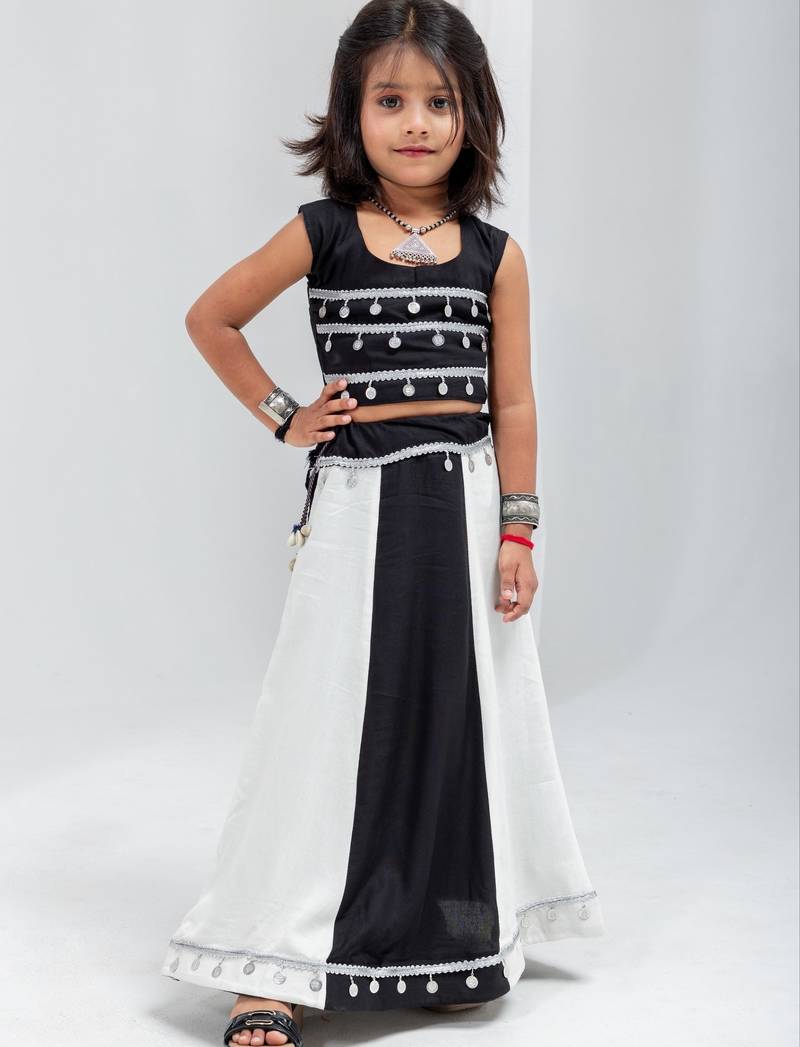 Black white navratri girls lehenga choli | rayon cotton sikka lace garba wear