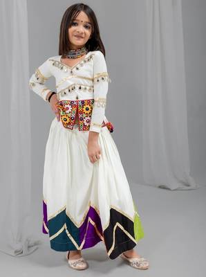 Off white navratri girls lehenga choli | rayon cotton gota patti mirror work 1