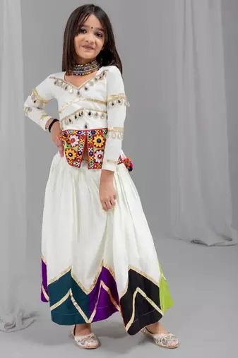 Off white navratri girls lehenga choli | rayon cotton gota patti mirror work