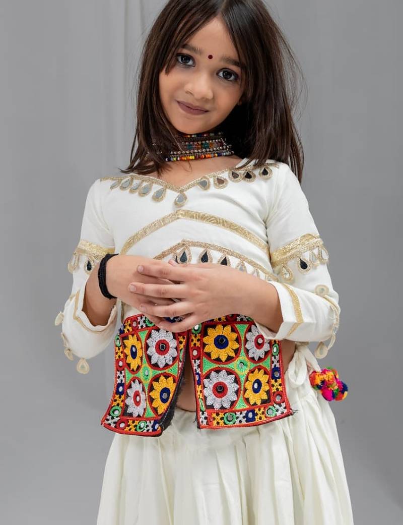 Off white navratri girls lehenga choli | rayon cotton gota patti mirror work