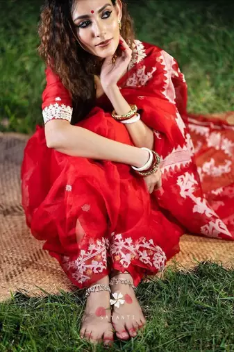 Red color Oregenza embroidered saree with un-stitched blouse