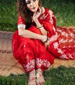 Red color georgette embroidered saree with un-stitched blouse