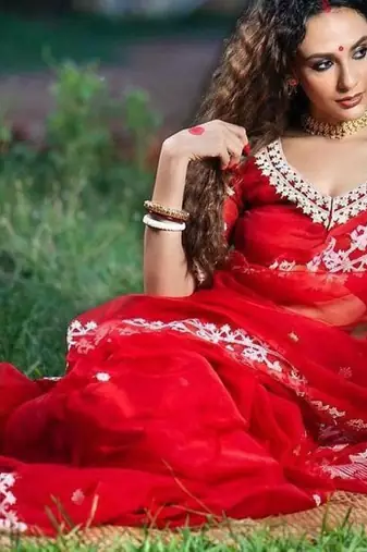 Red color Oregenza embroidered saree with un-stitched blouse
