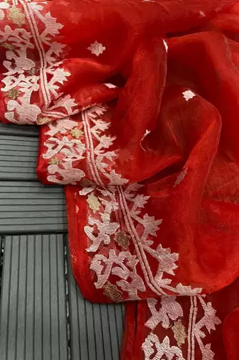 Red color Oregenza embroidered saree with un-stitched blouse