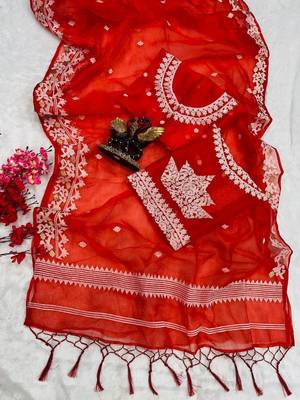 Red color georgette embroidered saree with un-stitched blouse 5