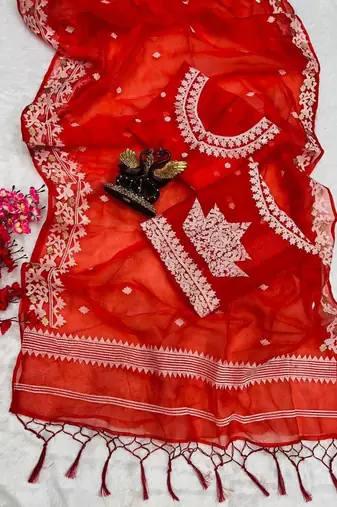 Red color Oregenza embroidered saree with un-stitched blouse