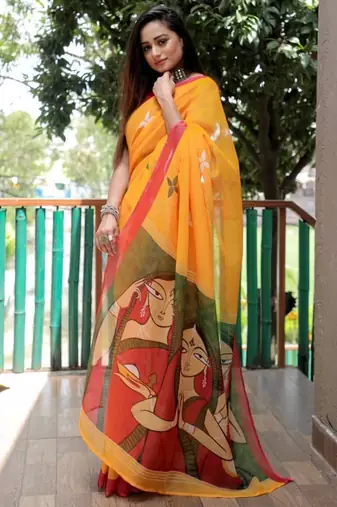 Yellow  color linen cotton durga pooja sarees