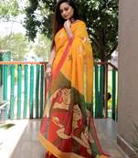 Yellow  color linen cotton durga pooja sarees